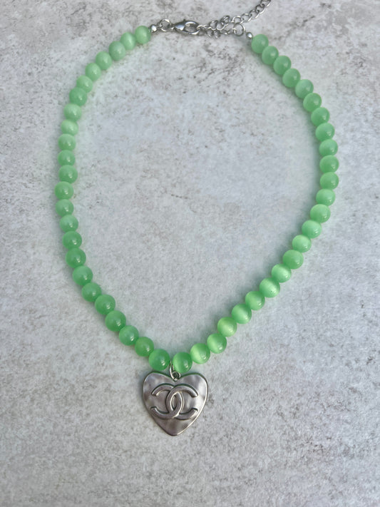 Green glass bead necklace